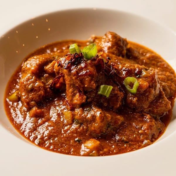 A white bowl filled with a rich, reddish-brown stew, garnished with green onions and crispy fried shallots.