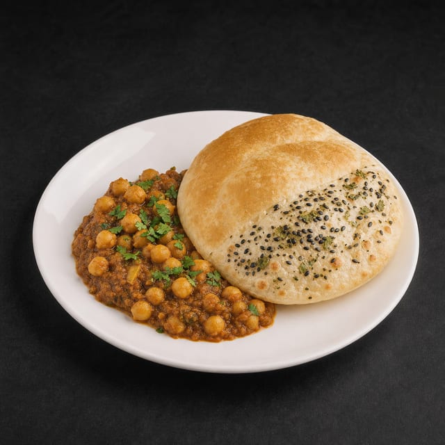 Spicy Chickpeas Chole  & Fried Bhatura Bread or Fermented Kulcha.